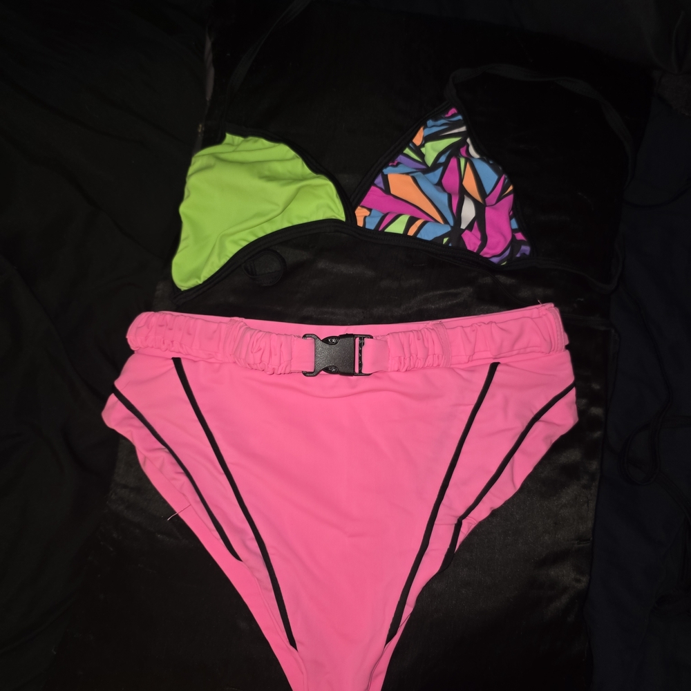 Neon Pink High-Waisted Rave Set with Colorful Top